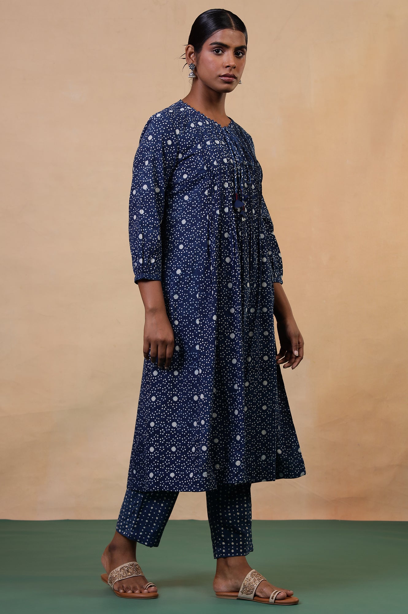 Folksong Indigo Cotton A-Line Hand Block Printed Polka Dot Kurta