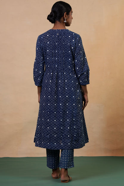 Folksong Indigo Cotton A-Line Hand Block Printed Polka Dot Kurta