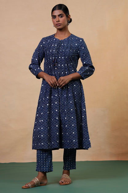 Folksong Indigo Cotton A-Line Hand Block Printed Polka Dot Kurta