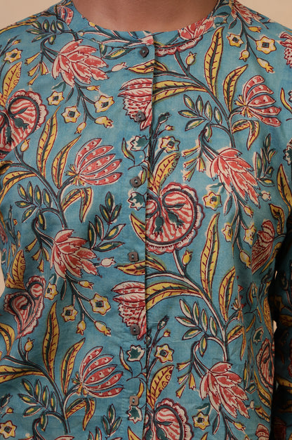 Folksong Turquoise Floral Hand Block Printed Cotton Tunic Top