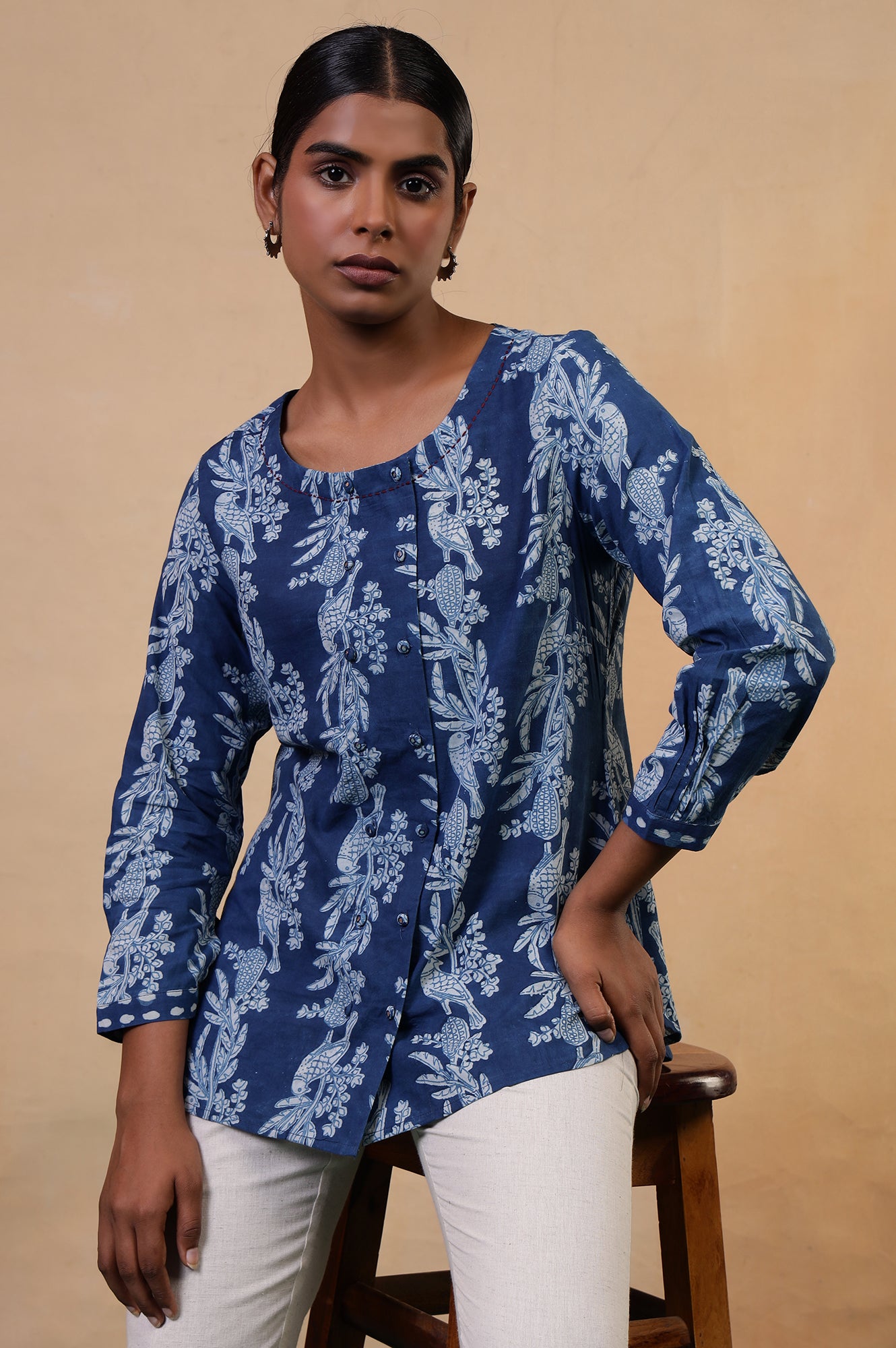 Folksong Indigo Cotton Straight-Fit Tropical Hand Block Printed Top