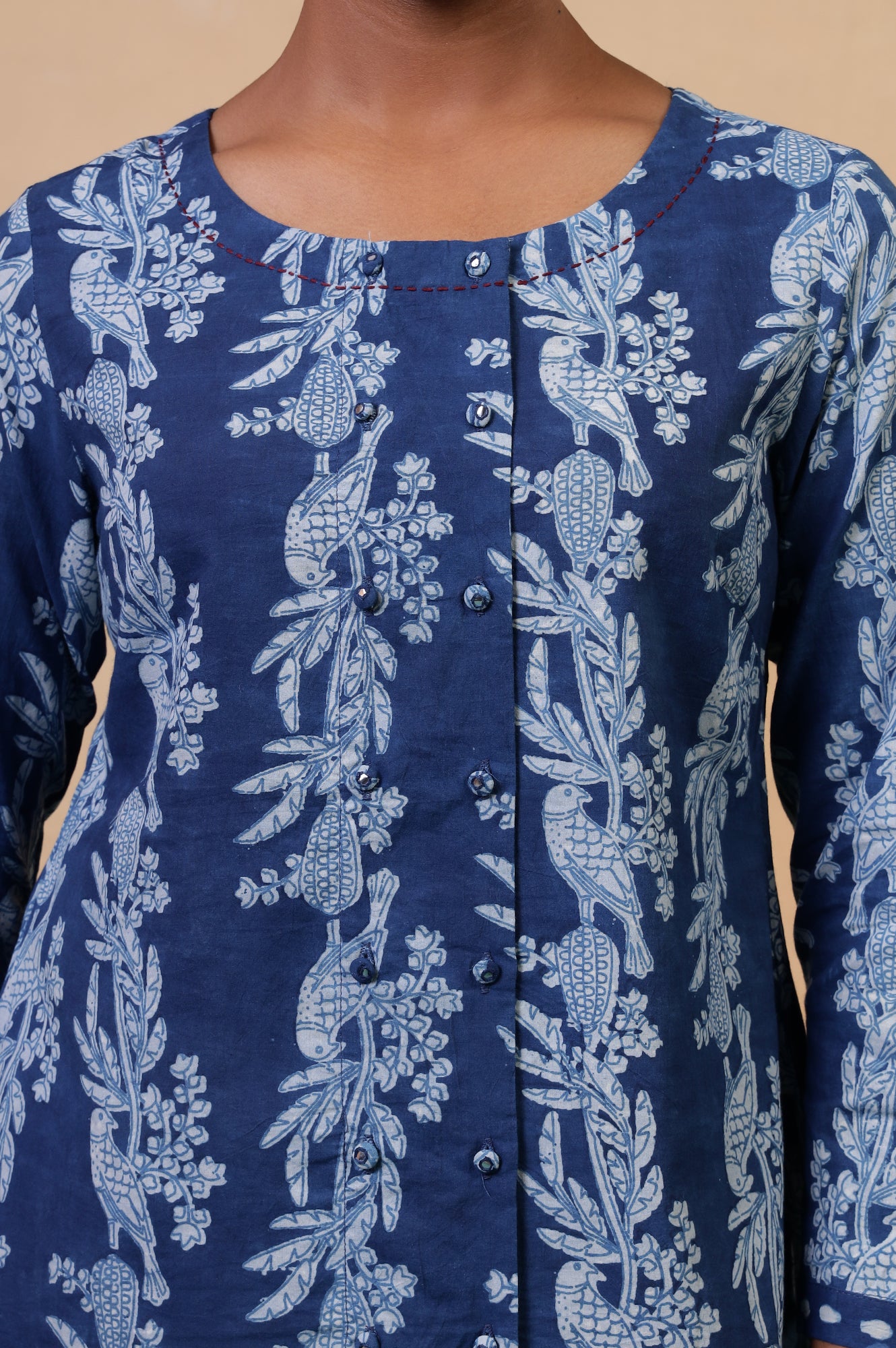 Folksong Indigo Cotton Straight-Fit Tropical Hand Block Printed Top