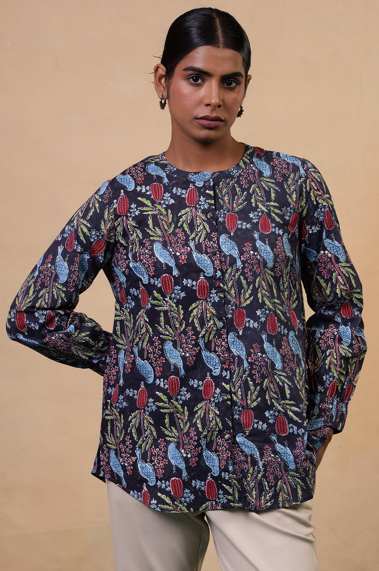 Folksong Navy Blue Cotton Straight-Fit Tropical Hand Block Printed Top