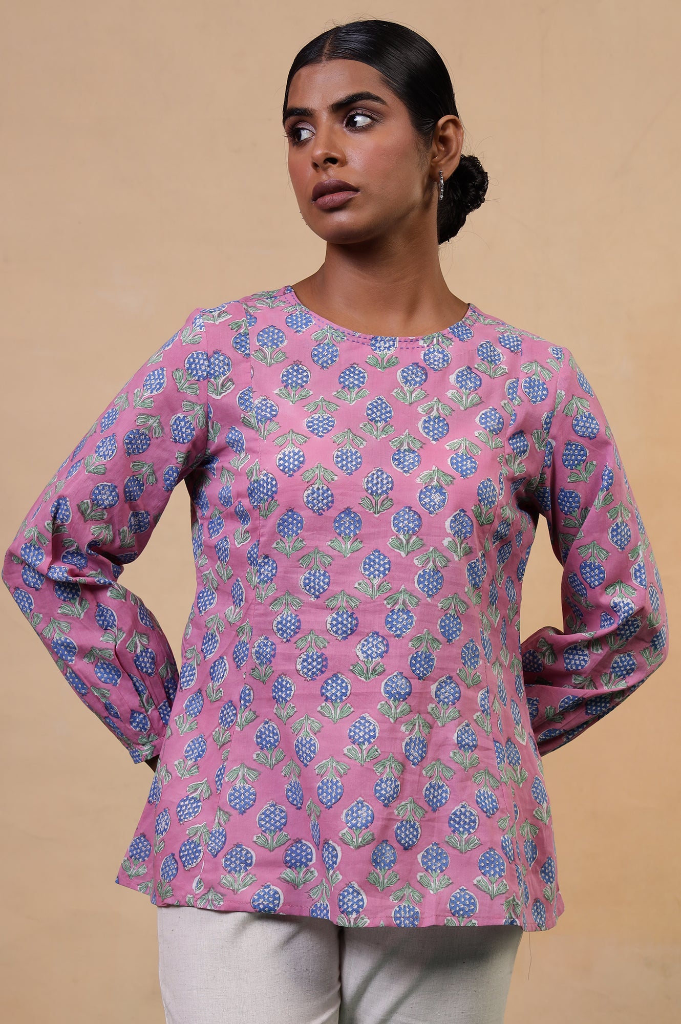 Folksong Taffy Pink Floral Kantha Hand Block Printed Cotton Tunic