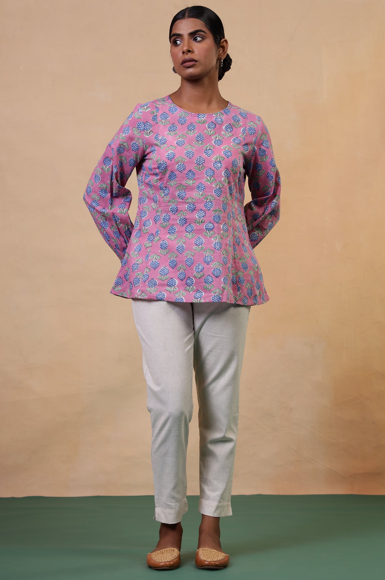 Folksong Taffy Pink Floral Kantha Hand Block Printed Cotton Tunic