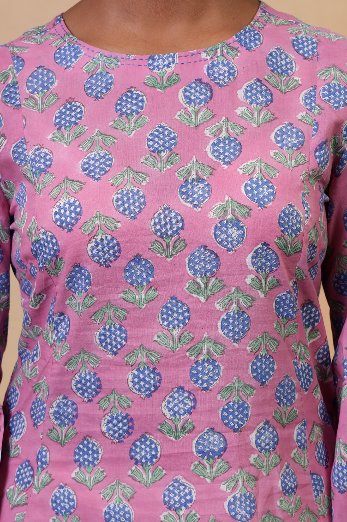 Folksong Taffy Pink Floral Kantha Hand Block Printed Cotton Tunic