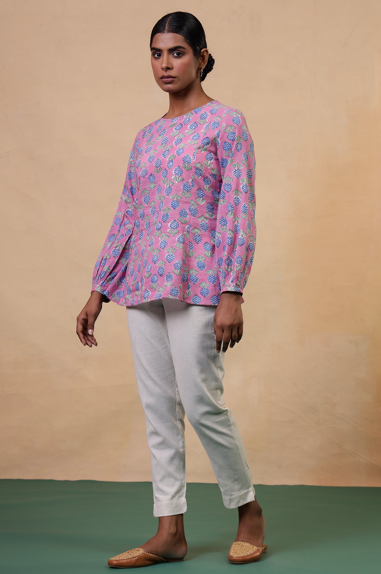 Folksong Taffy Pink Floral Kantha Hand Block Printed Cotton Tunic