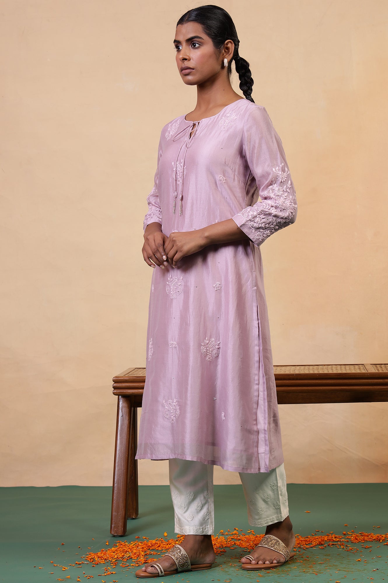 Folksong New Pristine Chikankari Embroidered Viscose Blend Straight Pyjamas