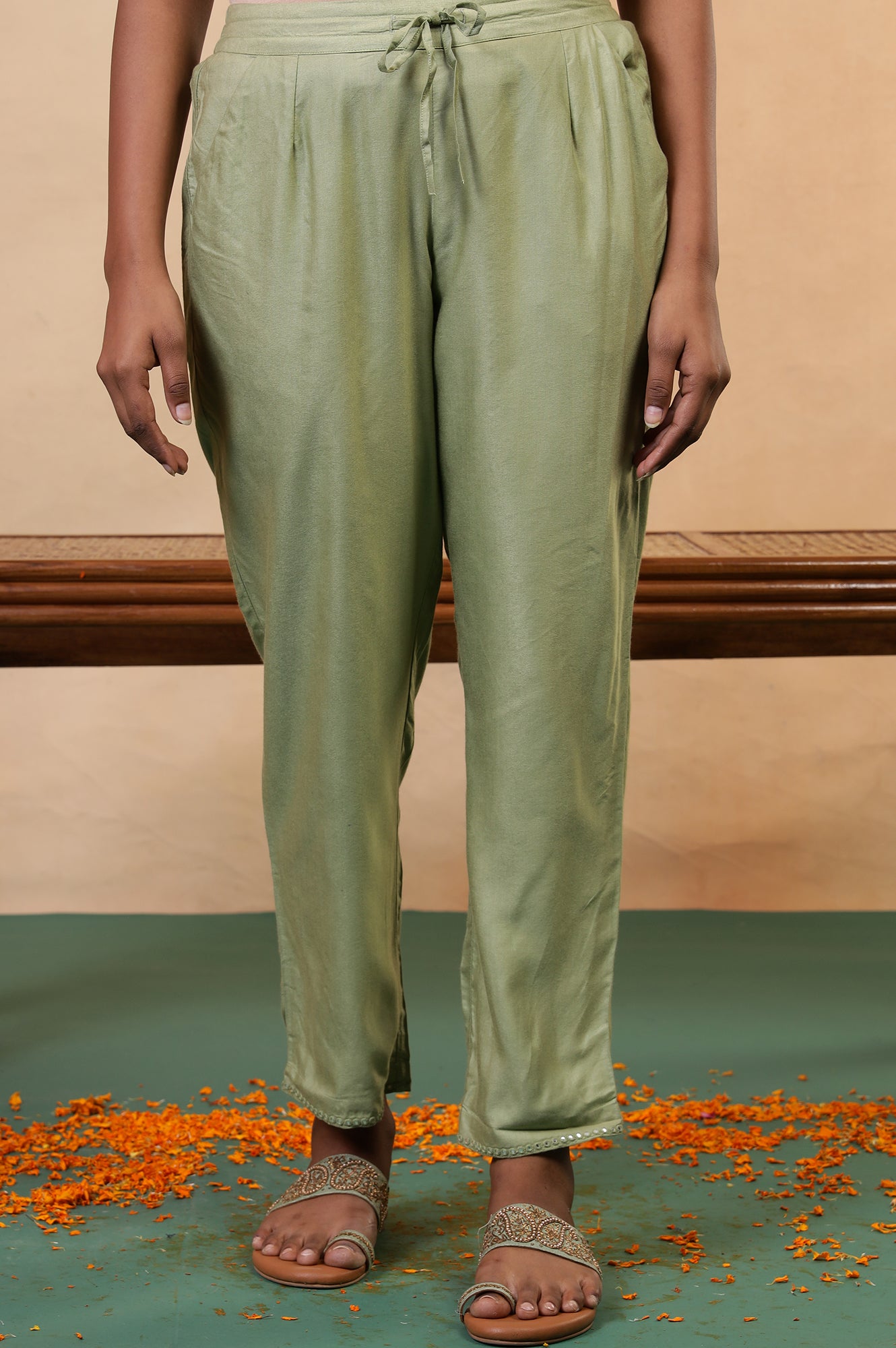 Folksong Tea Green Solid Mirror Work Viscose Blend Straight Pyjamas