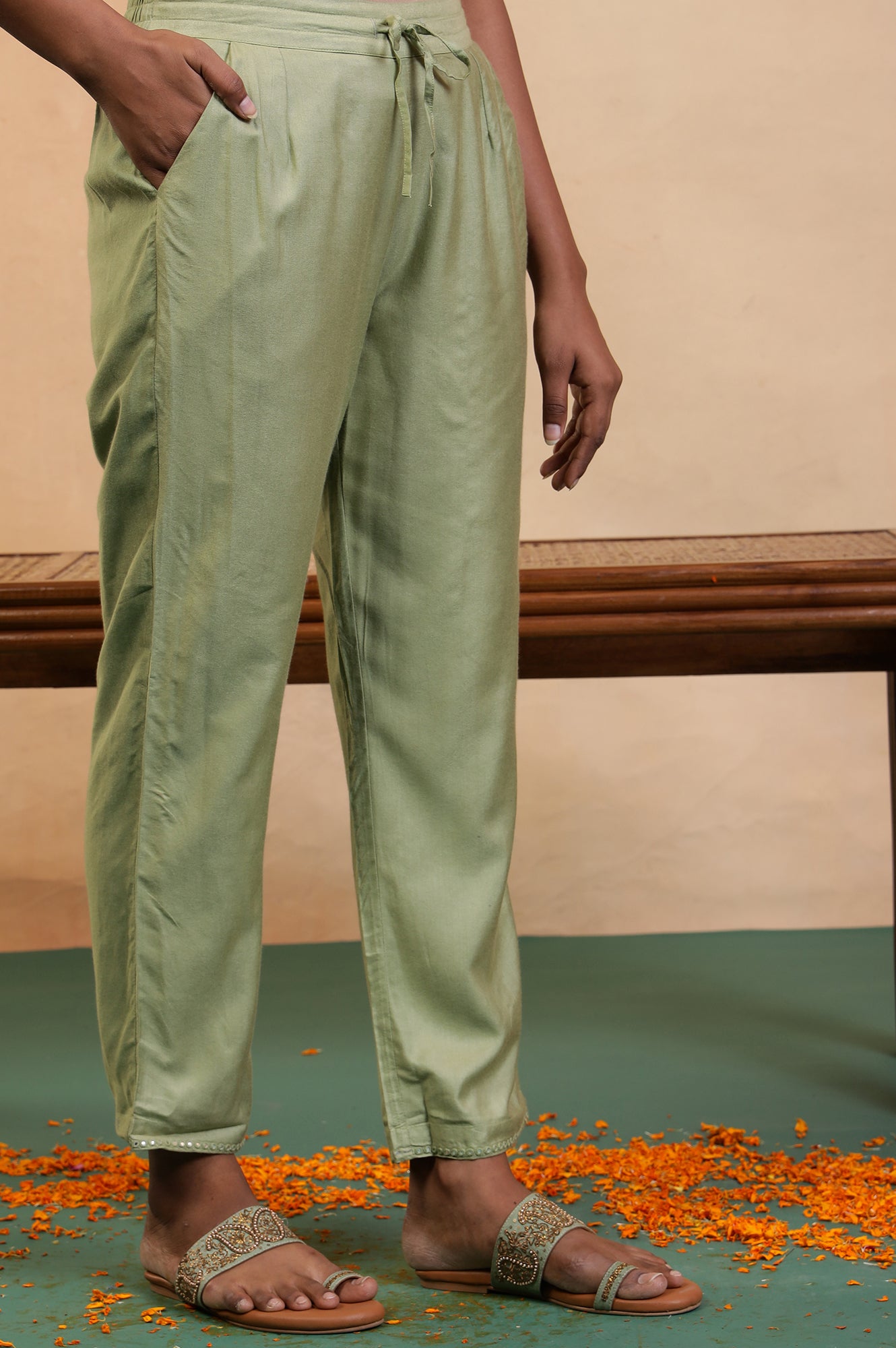 Folksong Tea Green Solid Mirror Work Viscose Blend Straight Pyjamas