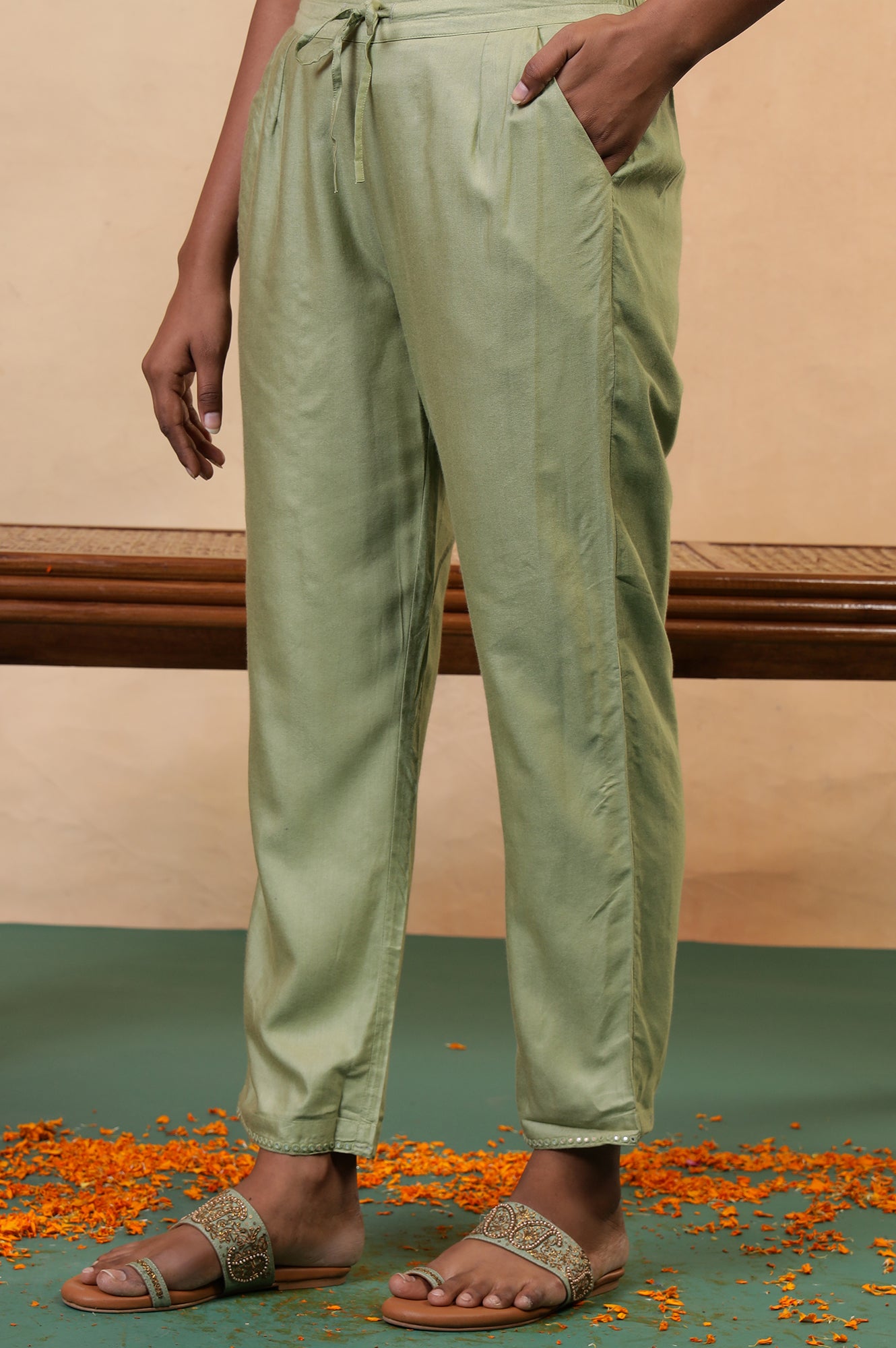 Folksong Tea Green Solid Mirror Work Viscose Blend Straight Pyjamas