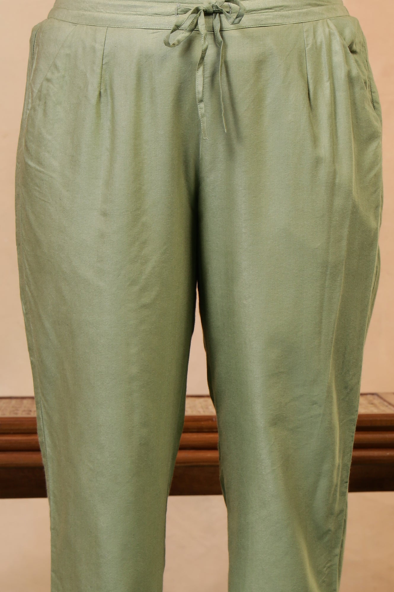 Folksong Tea Green Solid Mirror Work Viscose Blend Straight Pyjamas