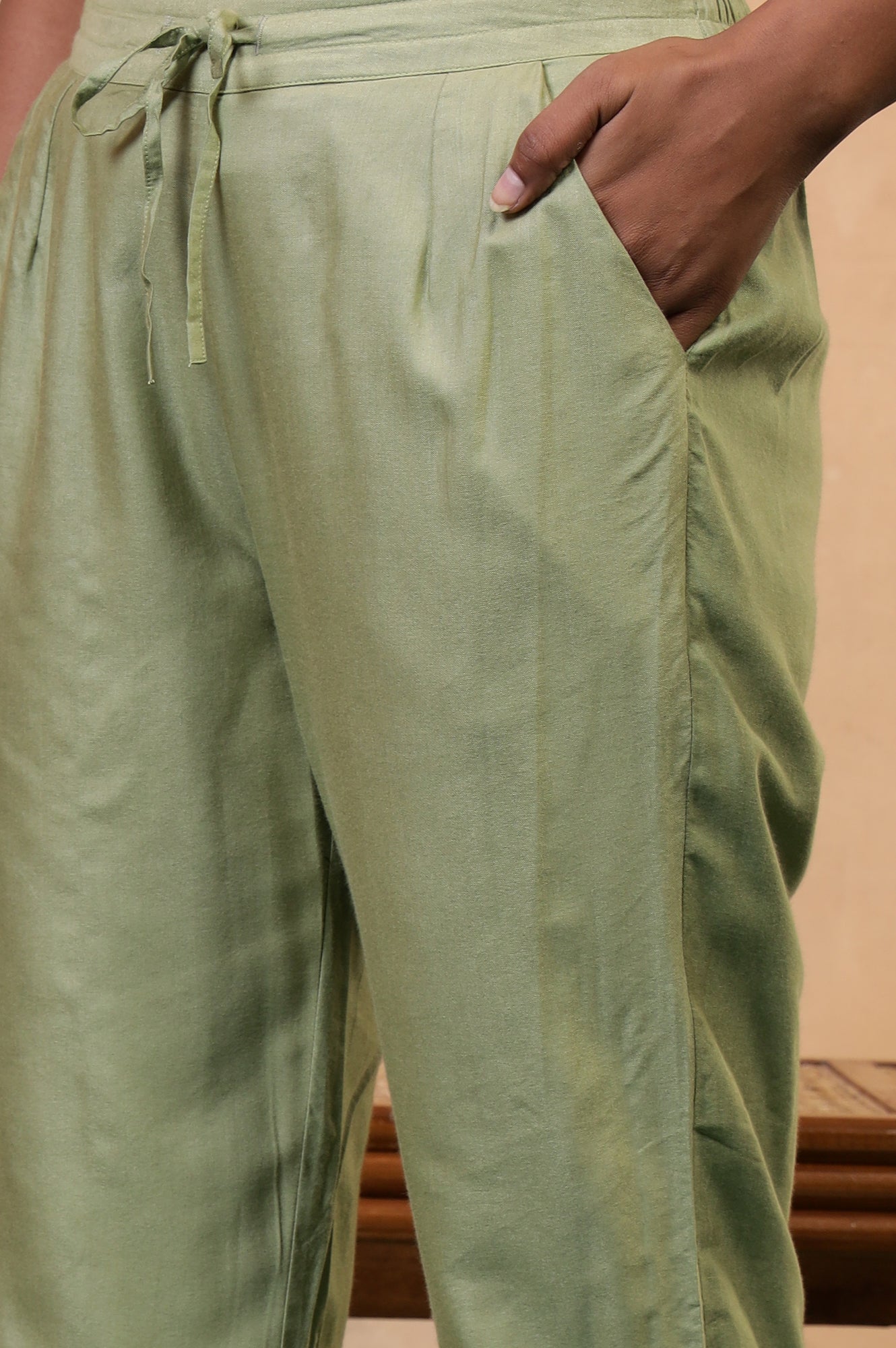 Folksong Tea Green Solid Mirror Work Viscose Blend Straight Pyjamas