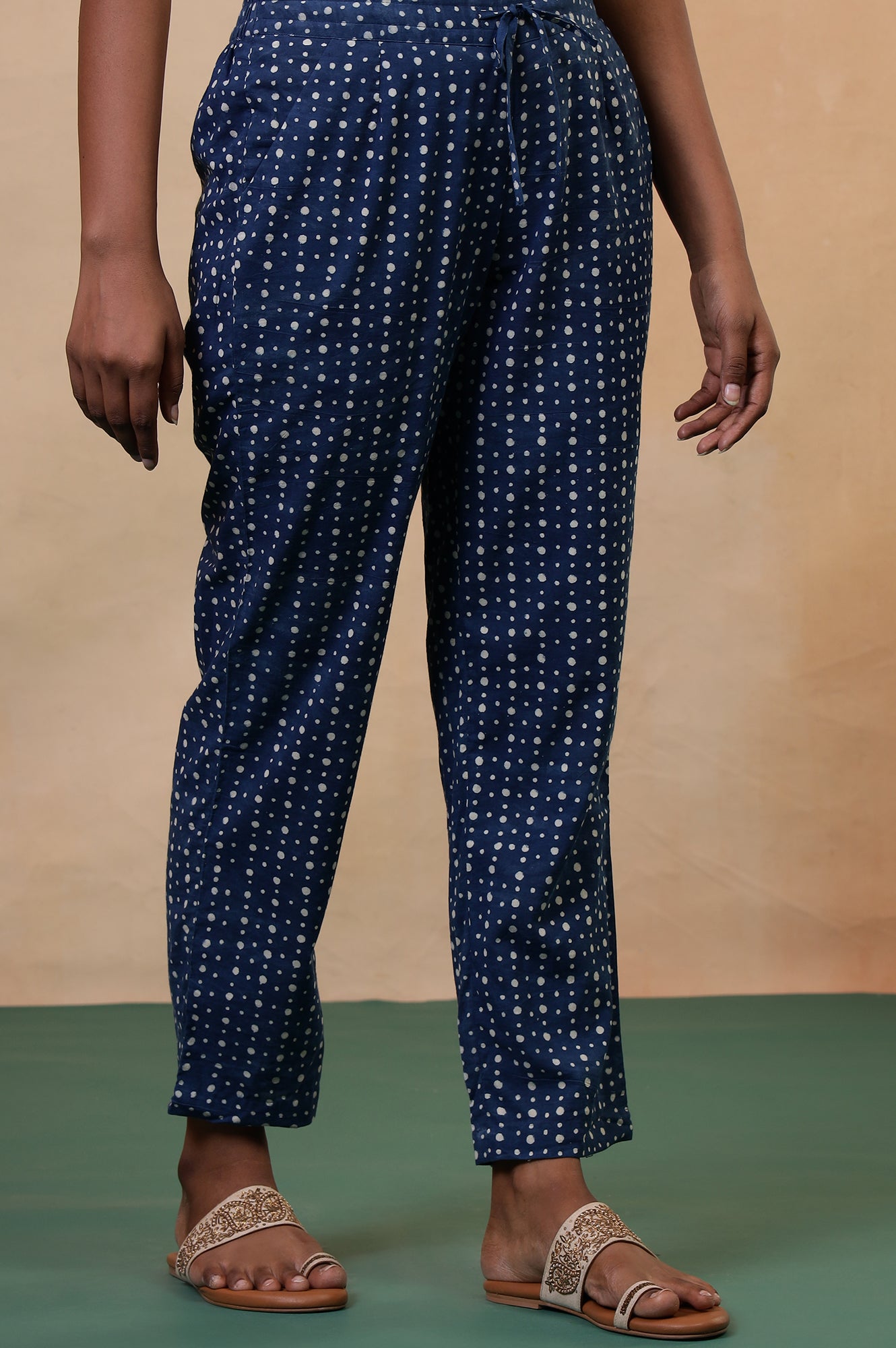 Folksong Indigo Polka Dot Hand Block Printed Cotton Straight Pyjamas