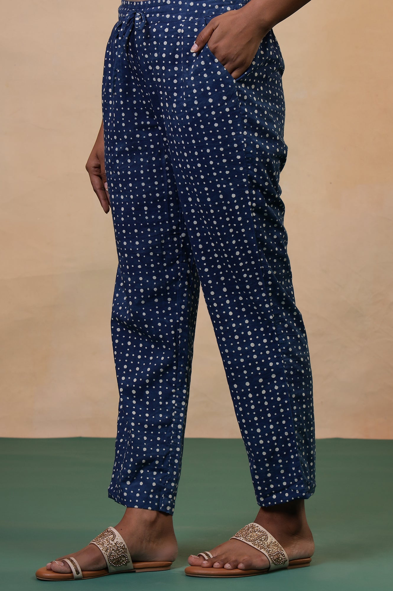 Folksong Indigo Polka Dot Hand Block Printed Cotton Straight Pyjamas