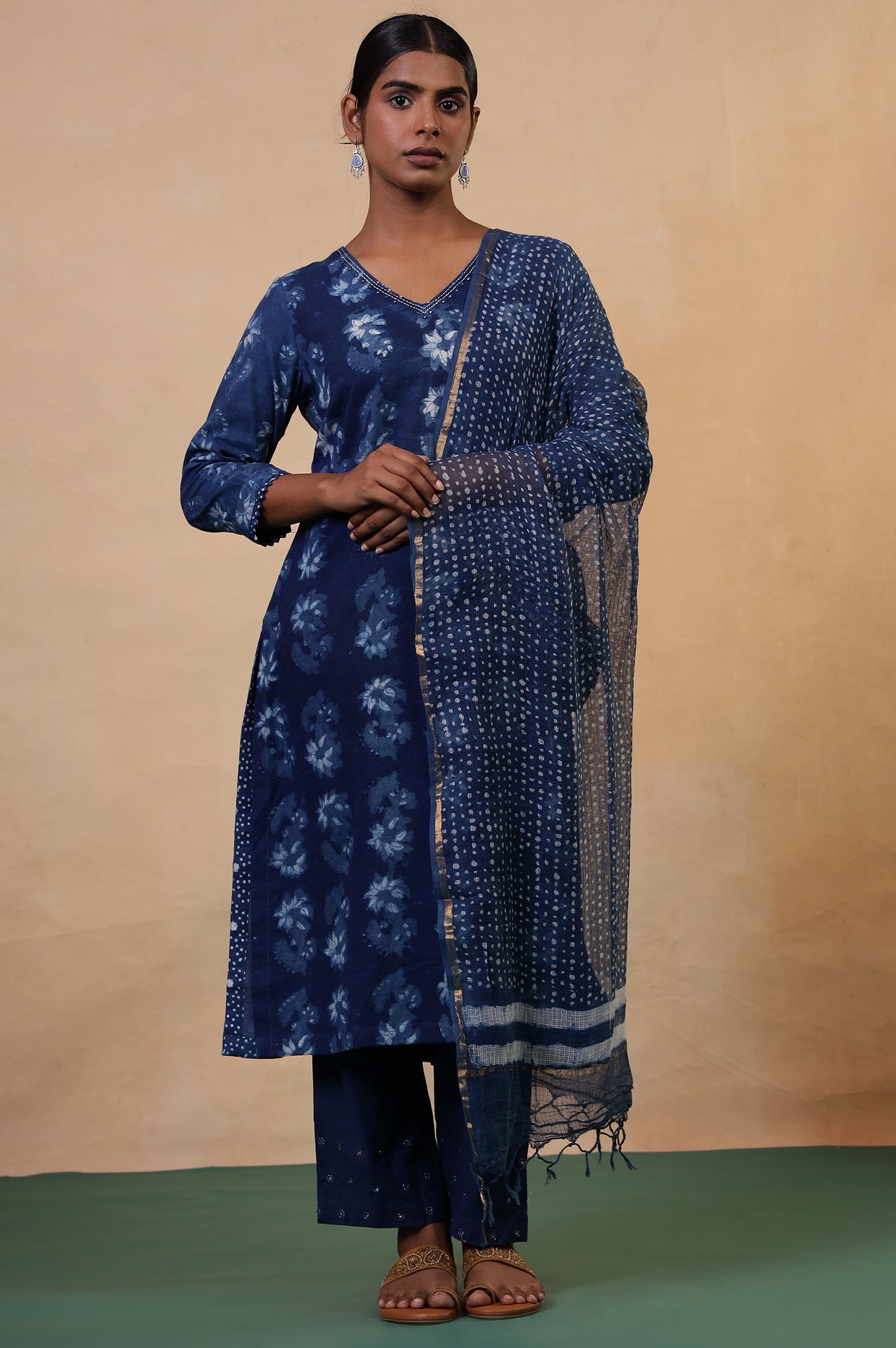 Folksong Indigo Cotton-Silk Hand Block Printed Polka Dot Dupatta