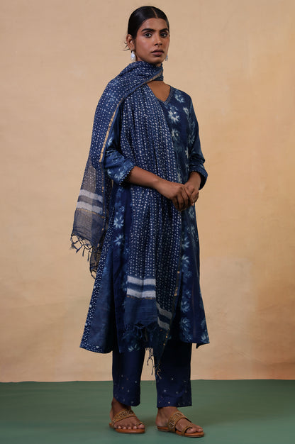 Folksong Indigo Cotton-Silk Hand Block Printed Polka Dot Dupatta