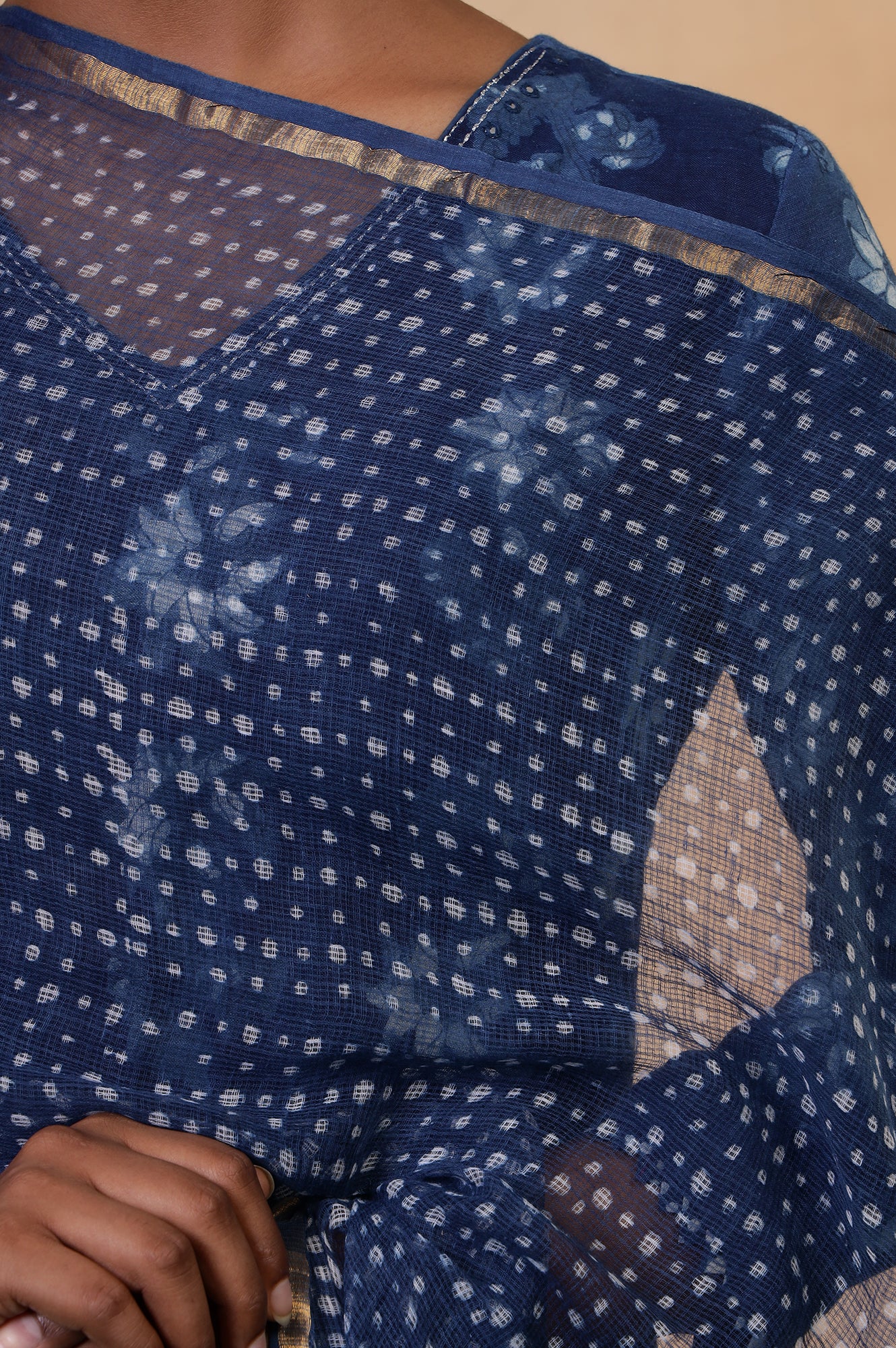 Folksong Indigo Cotton-Silk Hand Block Printed Polka Dot Dupatta