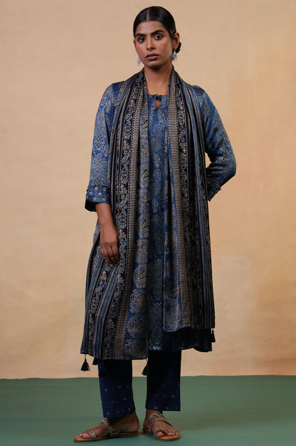 Folksong Indigo Viscose Regular Floral Ajrakh Print Dupatta