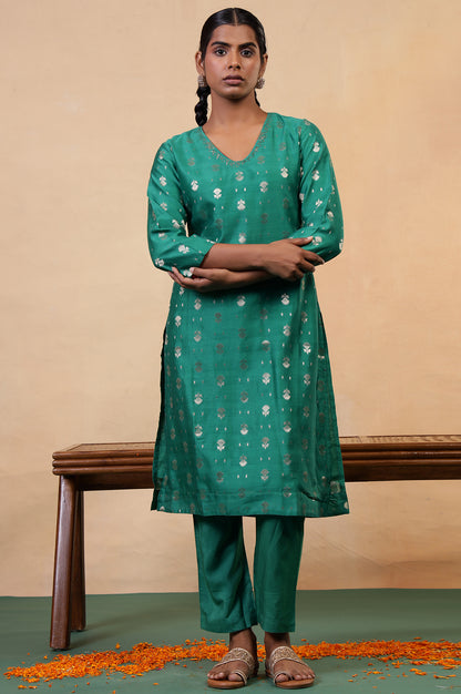 Folksong Emerald Green Ethnic Motif Mukaish Cotton Silk Kurta and Pyjama Set