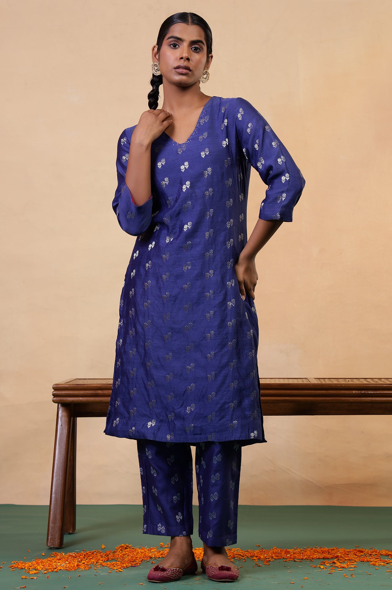 Folksong Clematis Blue Ethnic Motif Mukaish Cotton Silk Kurta and Pyjama Set