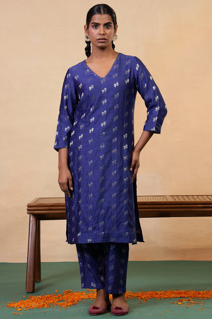 Folksong Clematis Blue Ethnic Motif Mukaish Cotton Silk Kurta and Pyjama Set