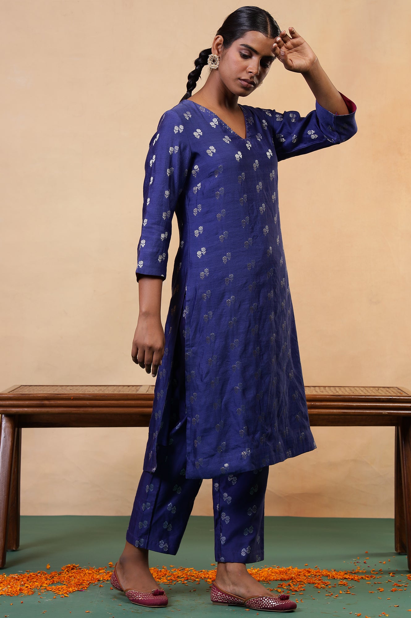 Folksong Clematis Blue Ethnic Motif Mukaish Cotton Silk Kurta and Pyjama Set