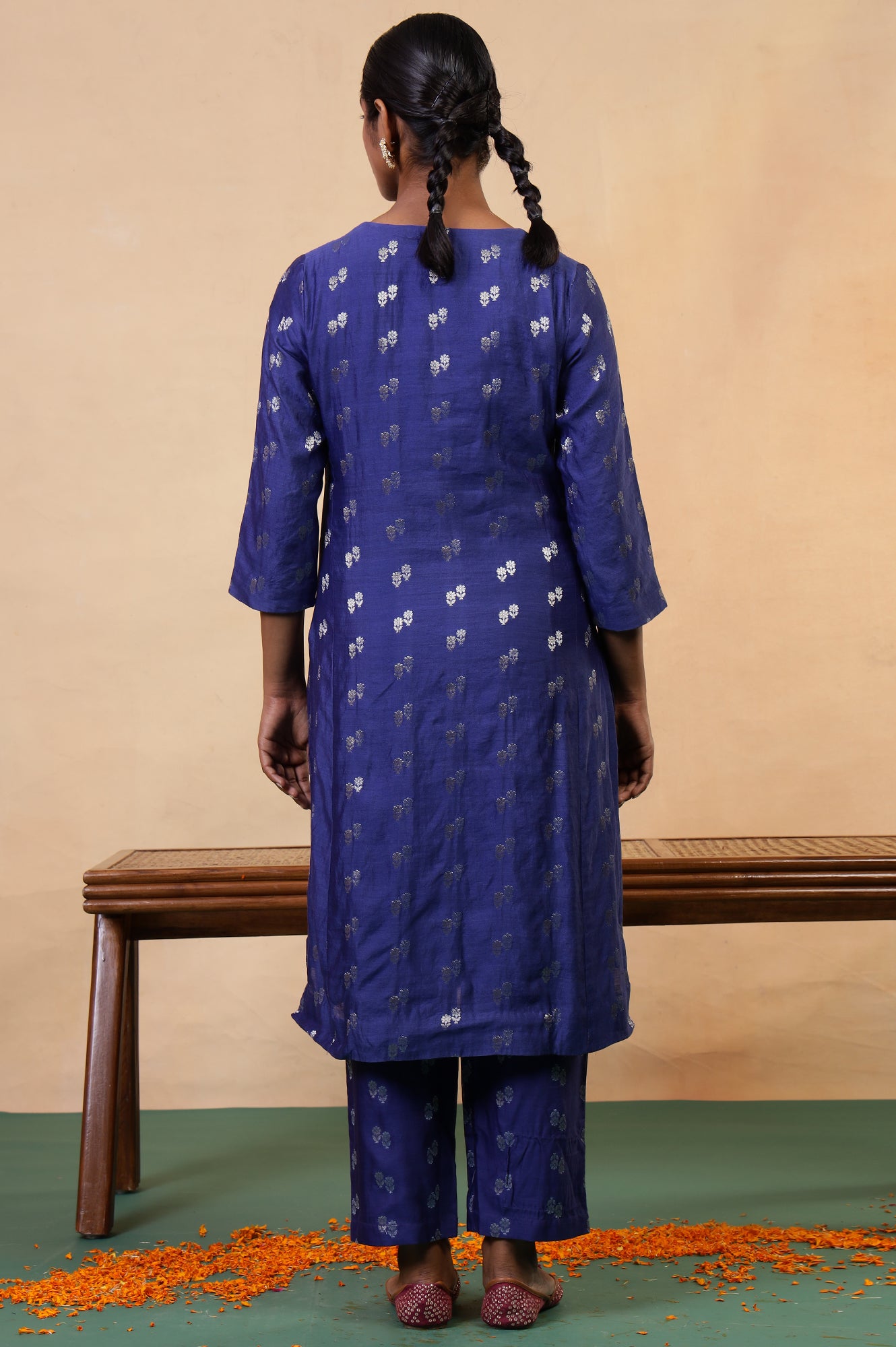 Folksong Clematis Blue Ethnic Motif Mukaish Cotton Silk Kurta and Pyjama Set