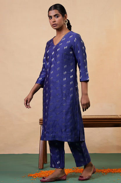 Folksong Clematis Blue Ethnic Motif Mukaish Cotton Silk Kurta and Pyjama Set