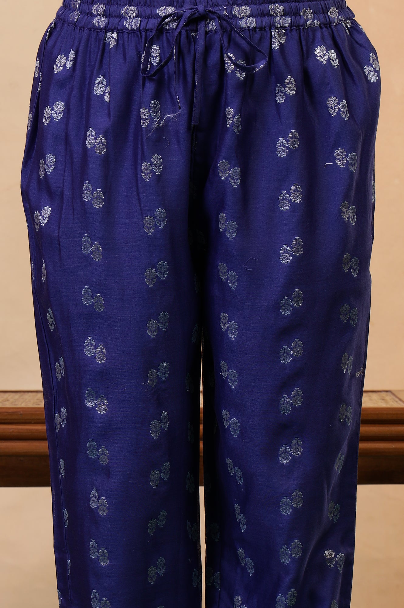 Folksong Clematis Blue Ethnic Motif Mukaish Cotton Silk Kurta and Pyjama Set