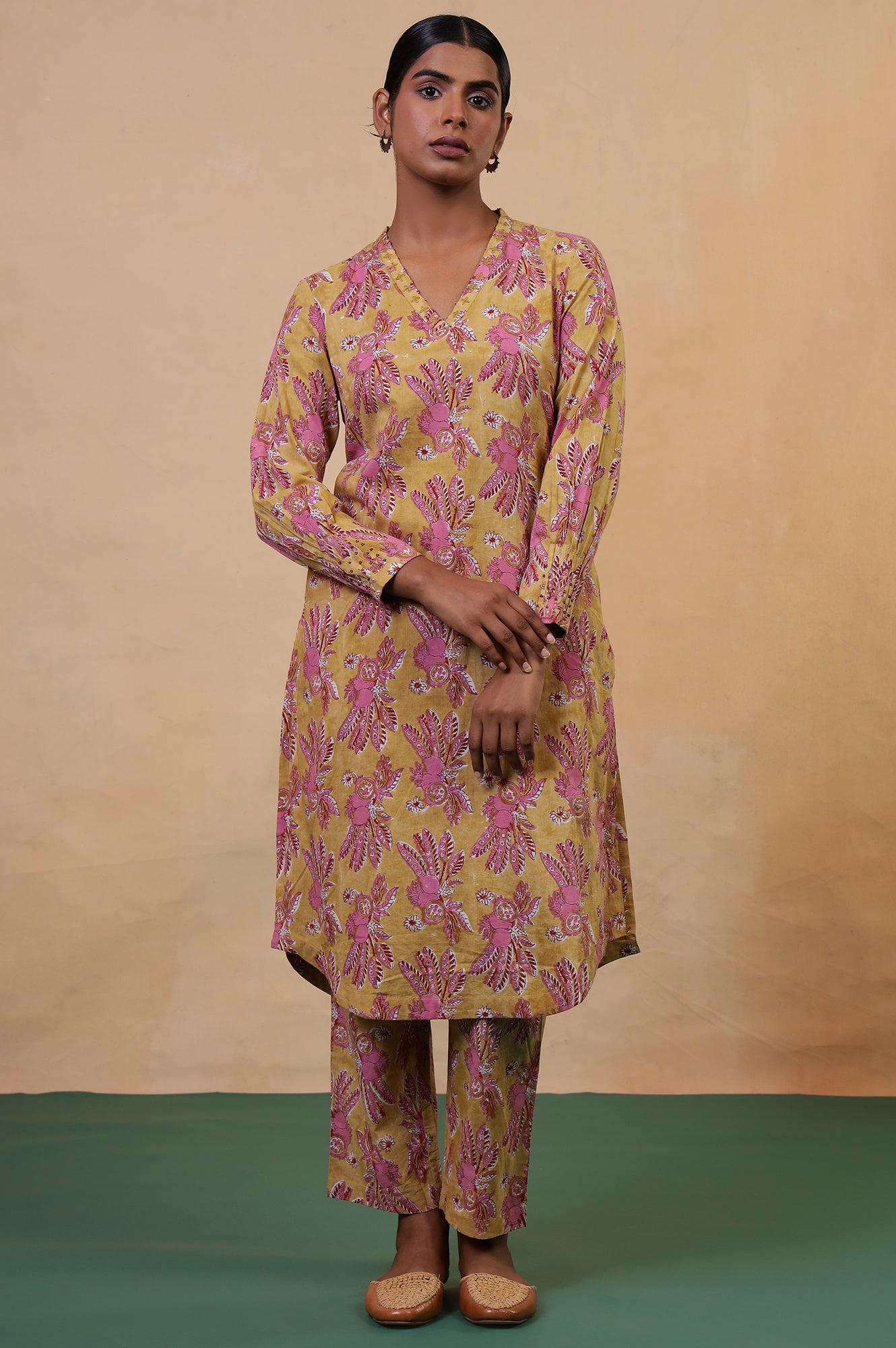 Folksong Apple Yellow Floral Embroidered Cotton Kurta and Pyjama Set