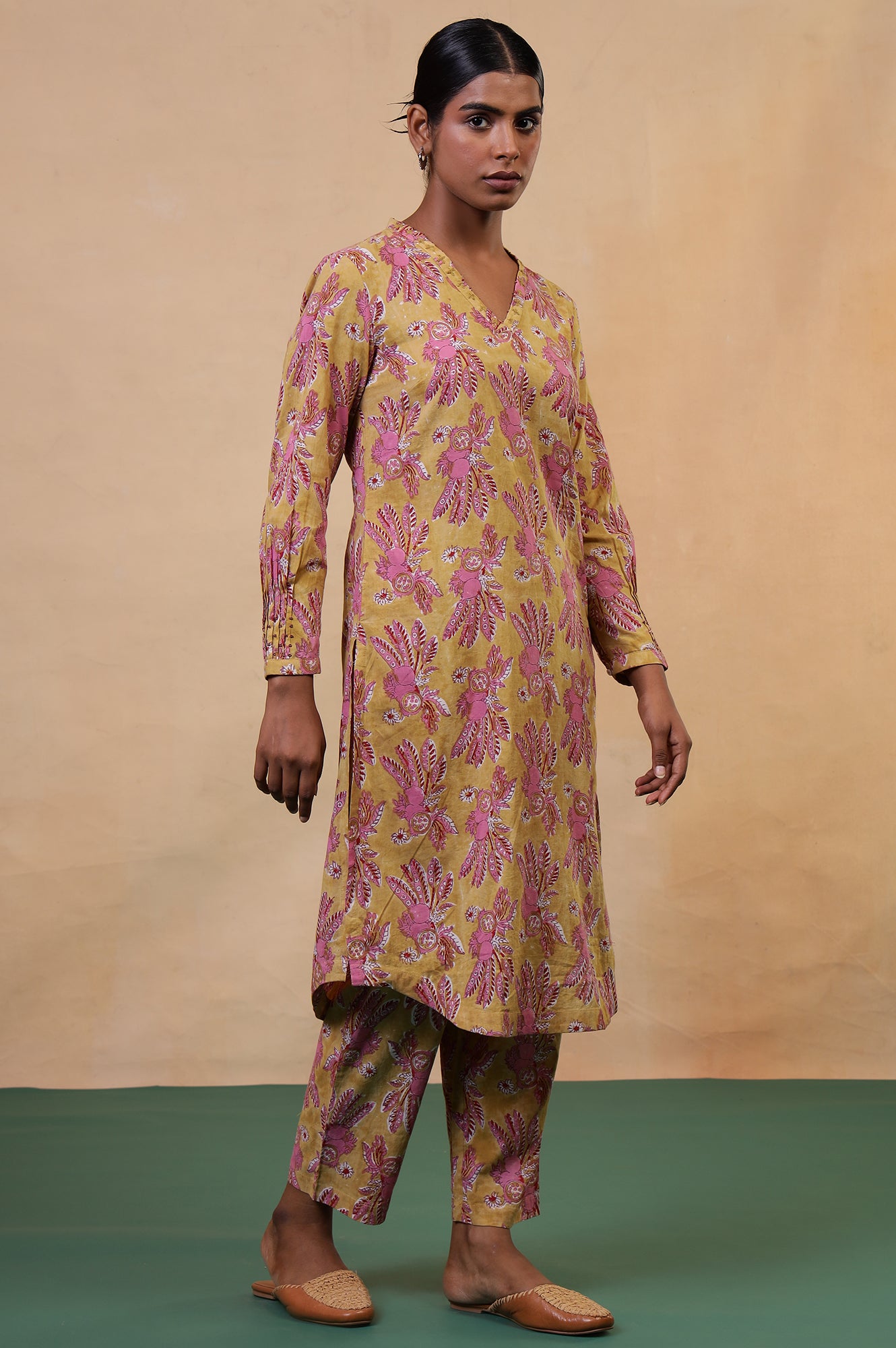 Folksong Apple Yellow Floral Embroidered Cotton Kurta and Pyjama Set