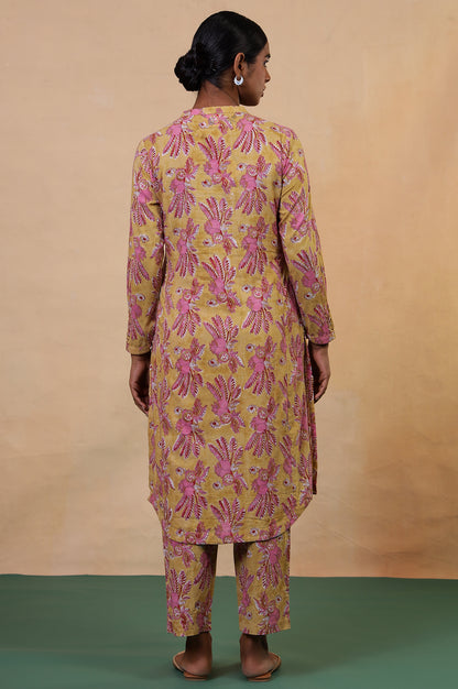 Folksong Apple Yellow Floral Embroidered Cotton Kurta and Pyjama Set