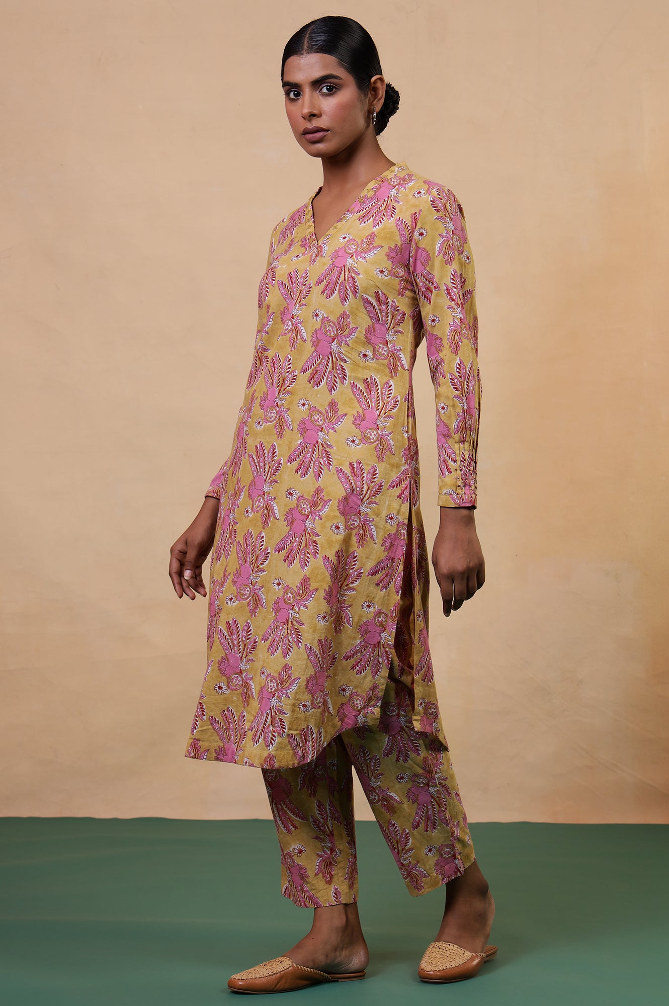 Folksong Apple Yellow Floral Embroidered Cotton Kurta and Pyjama Set