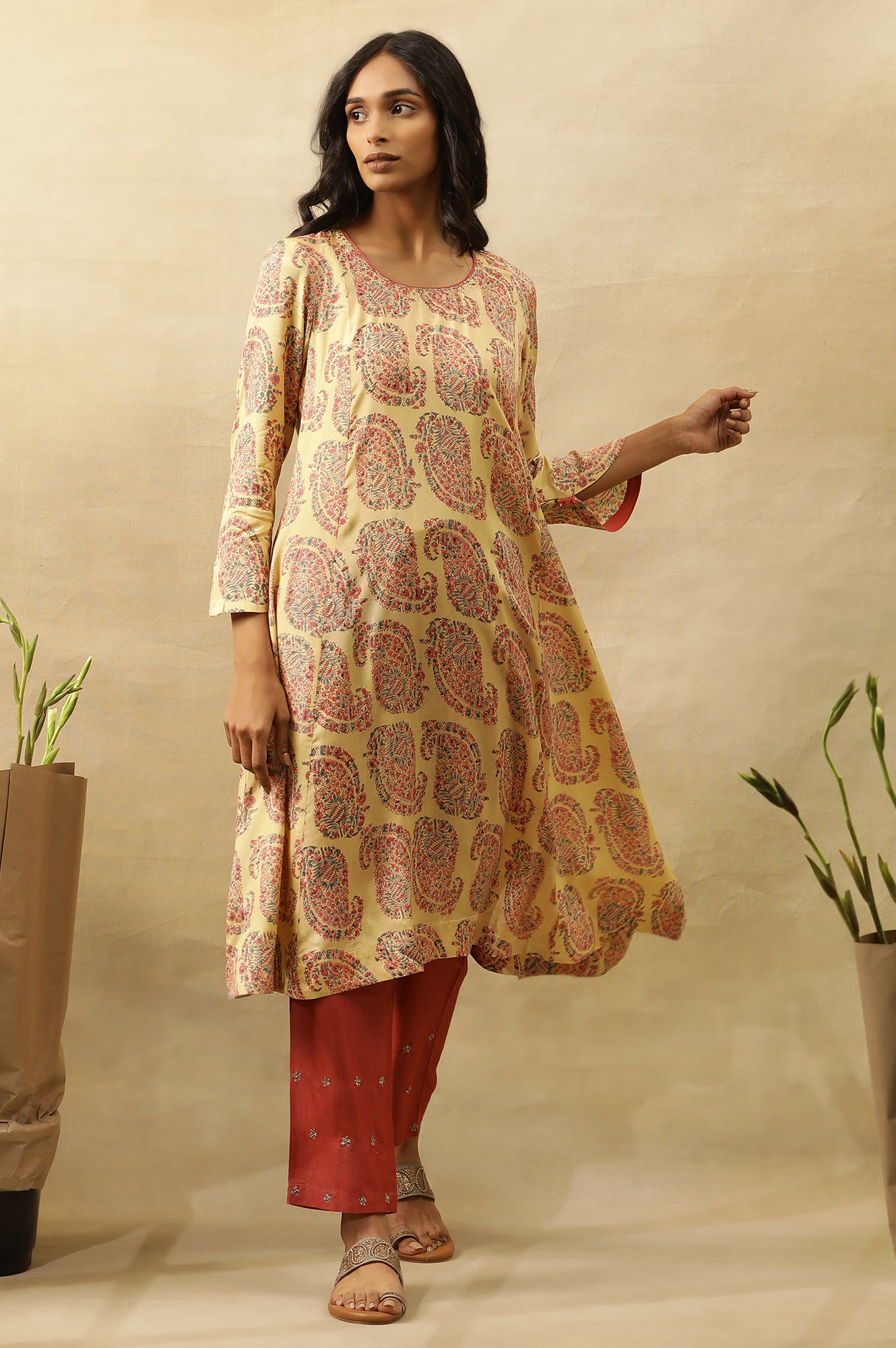 Yellow Hand Block Printed A-Line  Kurta