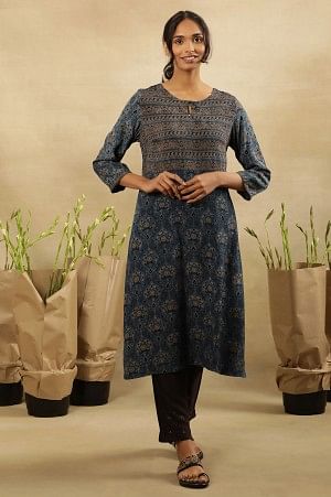 Blue Printed Kurta With Border Print Yoke