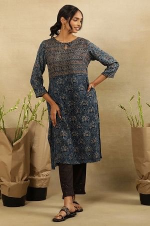 Blue Printed Kurta With Border Print Yoke