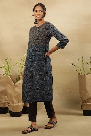 Blue Printed Kurta With Border Print Yoke