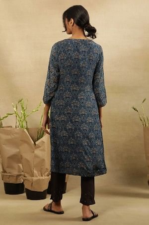 Blue Printed Kurta With Border Print Yoke