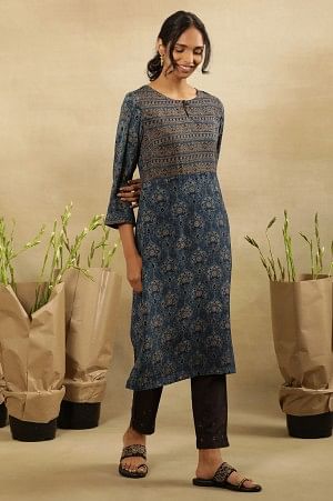 Blue Printed Kurta With Border Print Yoke