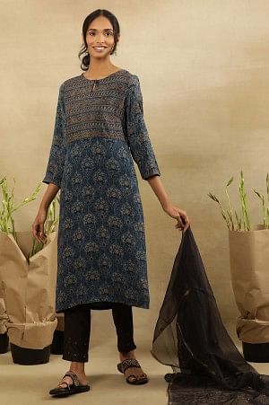 Blue Printed Kurta With Border Print Yoke