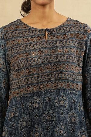 Blue Printed Kurta With Border Print Yoke