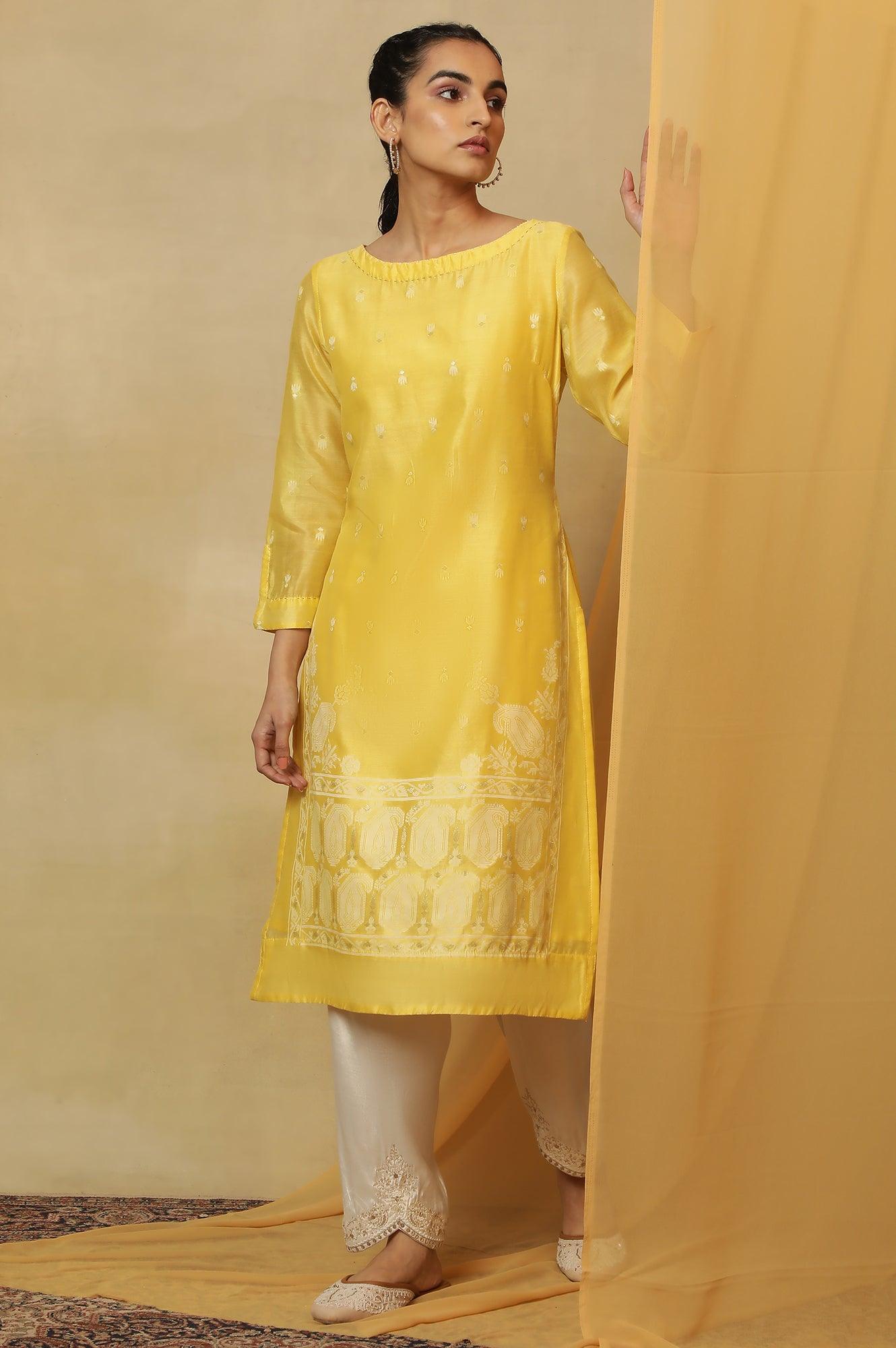 Yellow Jamdani Straight Kurta - wforwoman