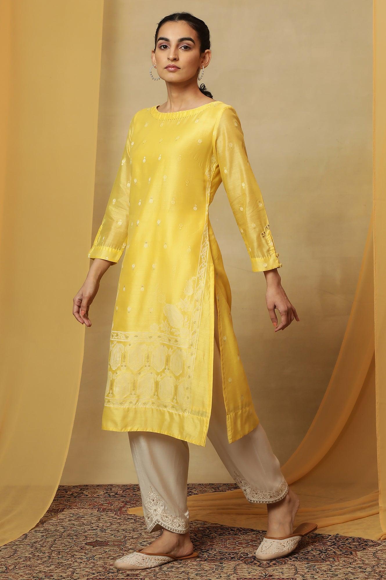 Yellow Jamdani Straight Kurta - wforwoman