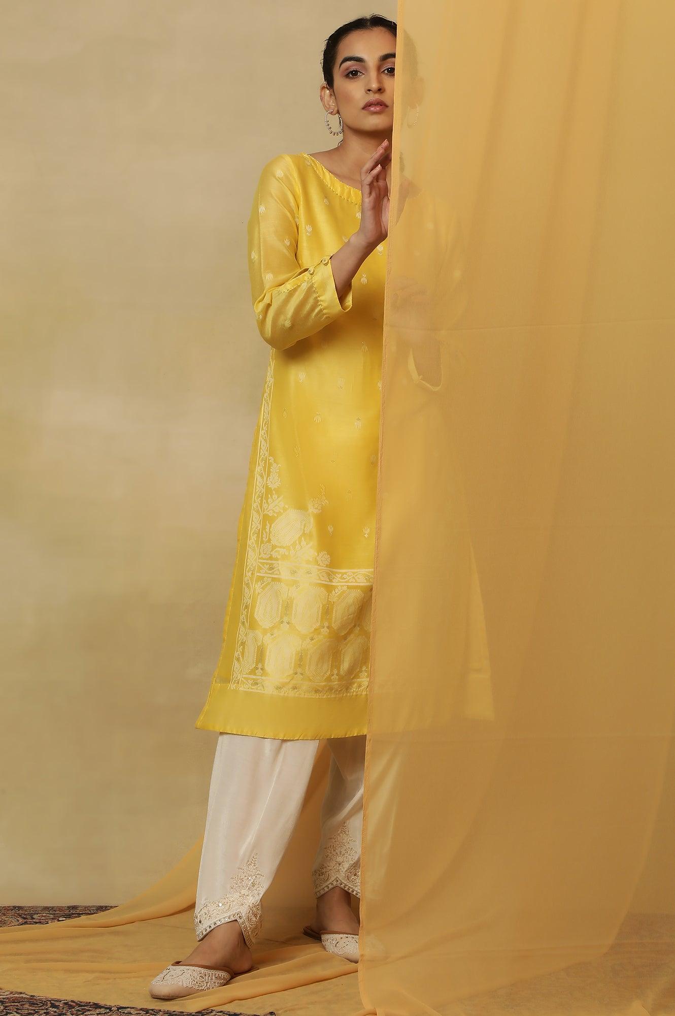 Yellow Jamdani Straight Kurta - wforwoman