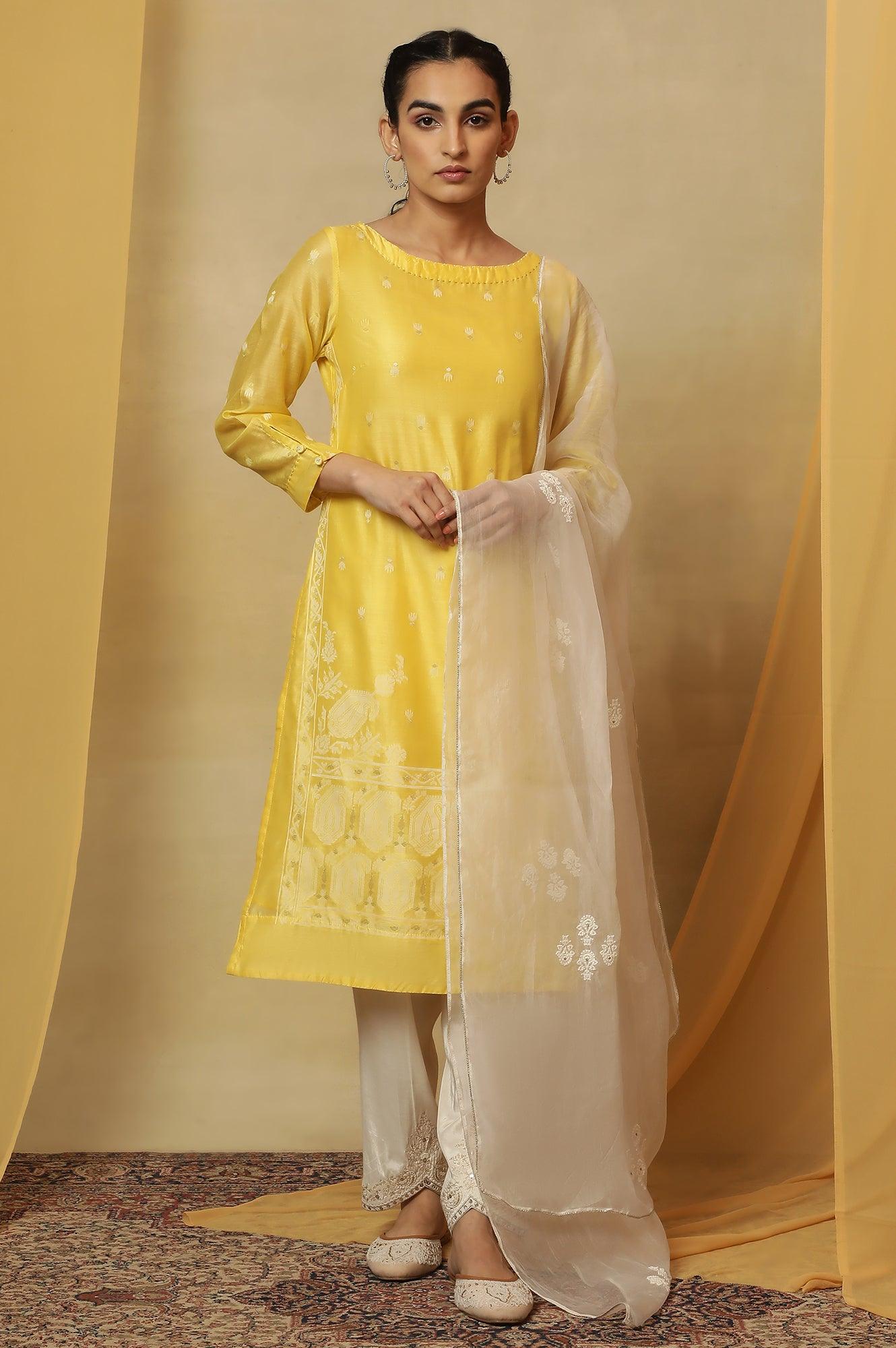 Yellow Jamdani Straight Kurta - wforwoman