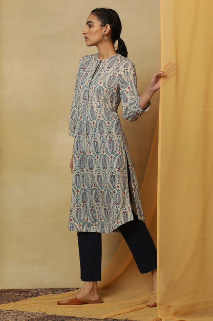 Ecru Paisley Hand Block Printed Cotton Kurta