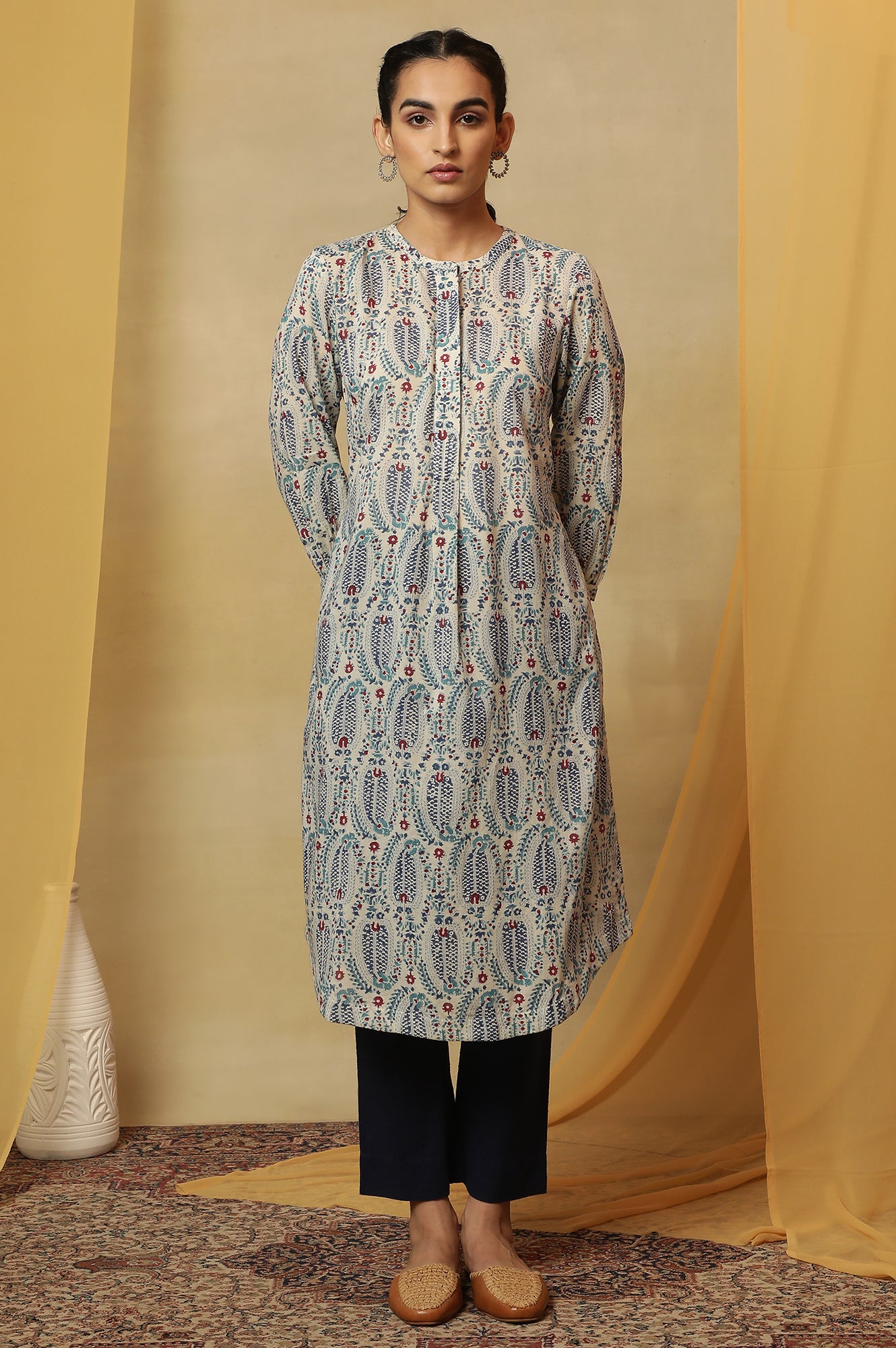 Ecru Paisley Hand Block Printed Cotton Kurta