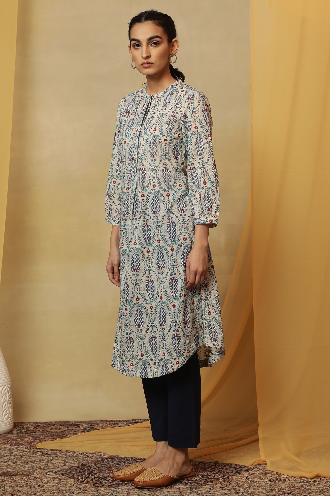 Ecru Paisley Hand Block Printed Cotton Kurta