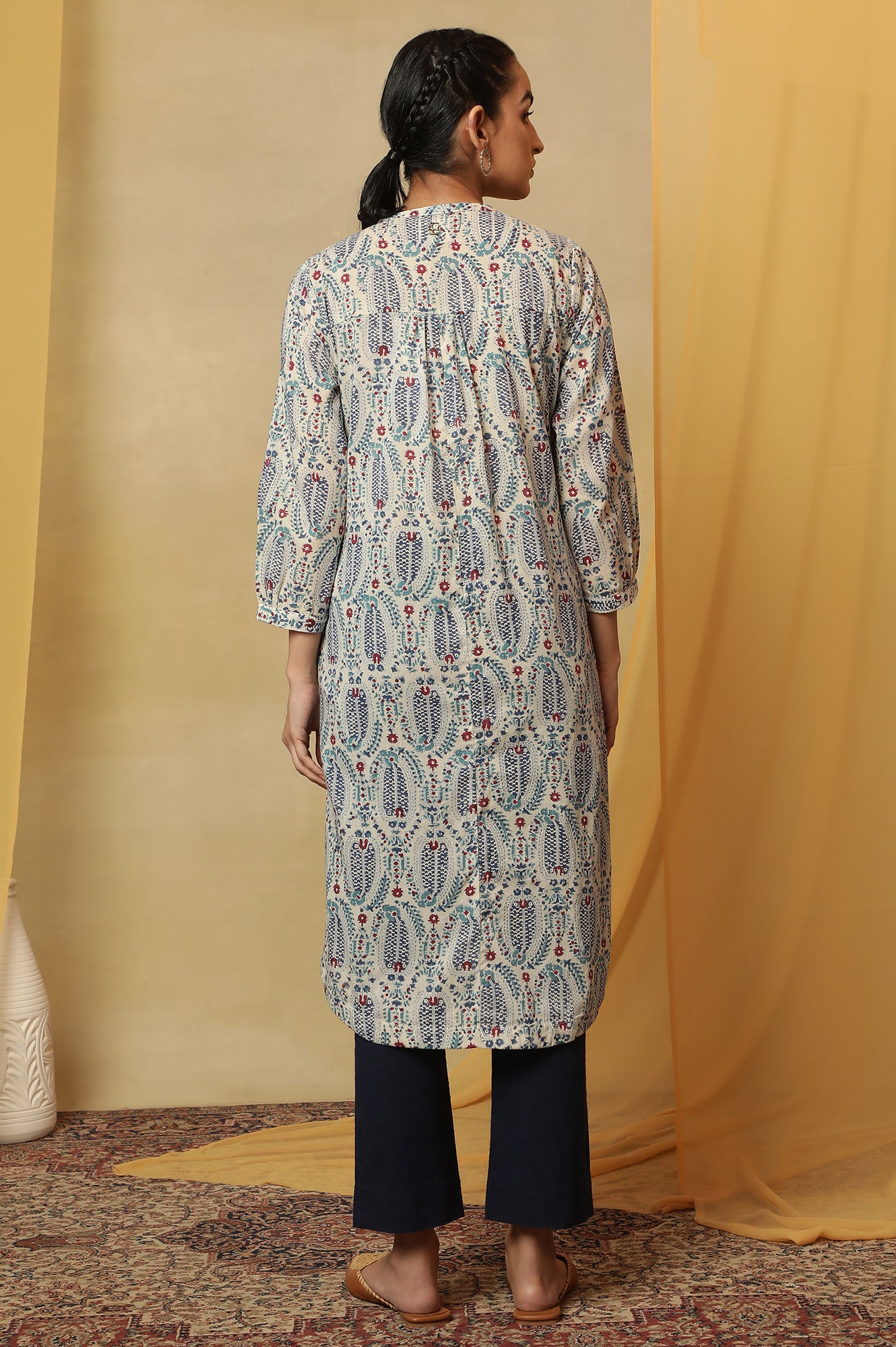 Ecru Paisley Hand Block Printed Cotton Kurta